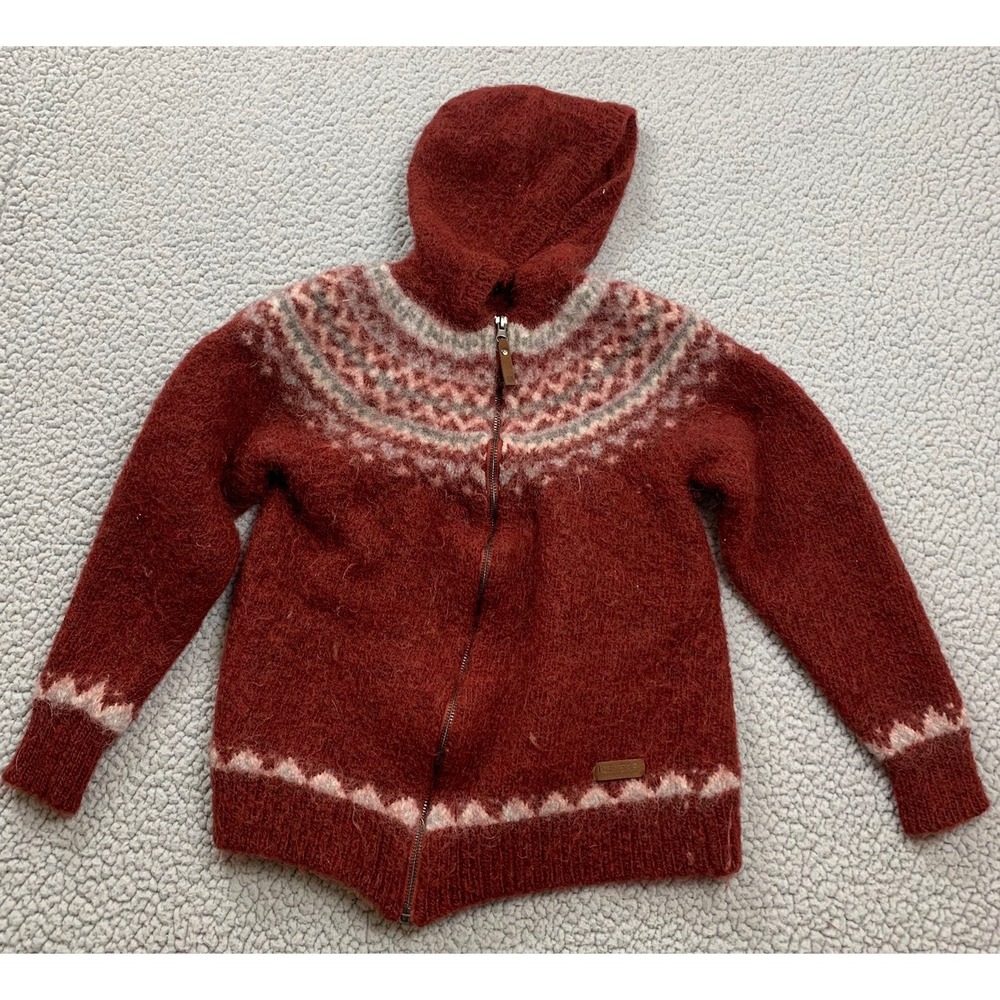 Icewear Iceland Wool Sweater Womens Small Red Nordic Hooded Zip Cardigan Shrunk